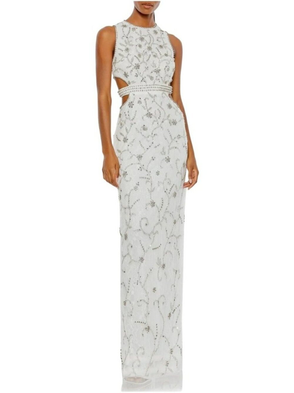 Mac Duggal Beaded Sequins Cut Out Column Formal Evening Maxi Dress Gown Sz 8 NWT
